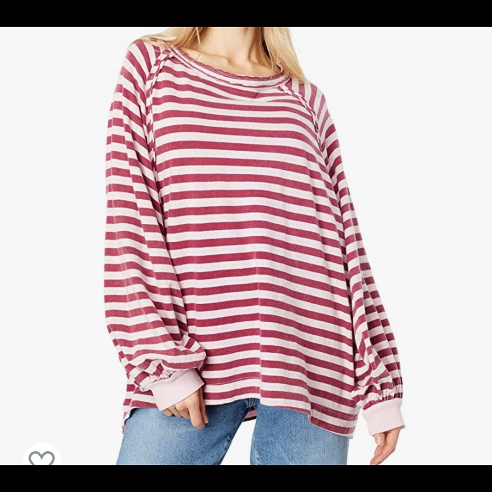 Free People She's Everything Striped LongSleeve Sz Med 100% Cot | Red/Pink str